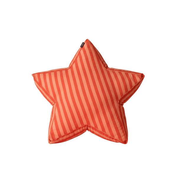 Star-shaped pillow with red and orange striped pattern on a white background