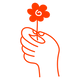 Red line drawing of a hand holding a flower on a white background