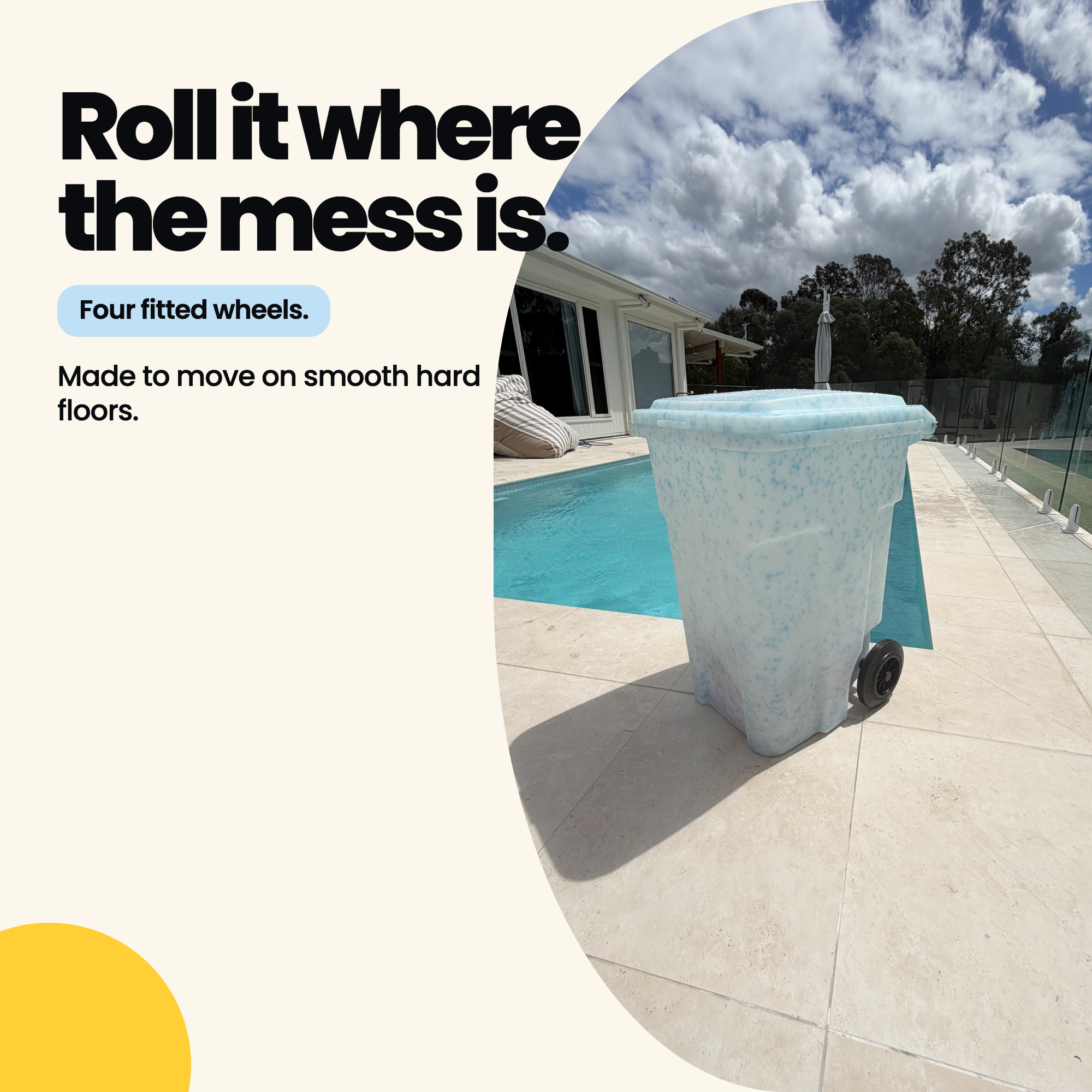 Rollie Bin rolling on four fitted wheels across a smooth hard floor