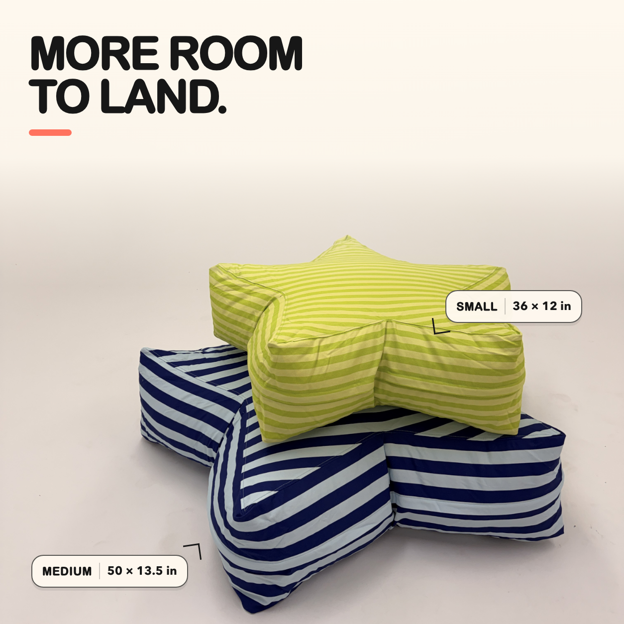 Small and Medium SuperStar Crash Pads compared at 36 by 12 inches and 50 by 13.5 inches