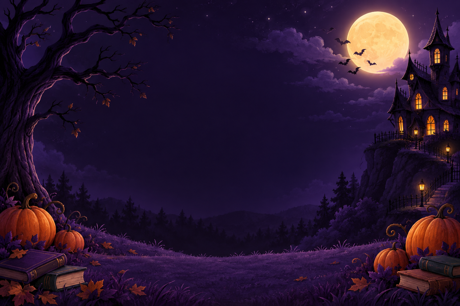 Purple Halloween night with pumpkins, a glowing moon and a castle